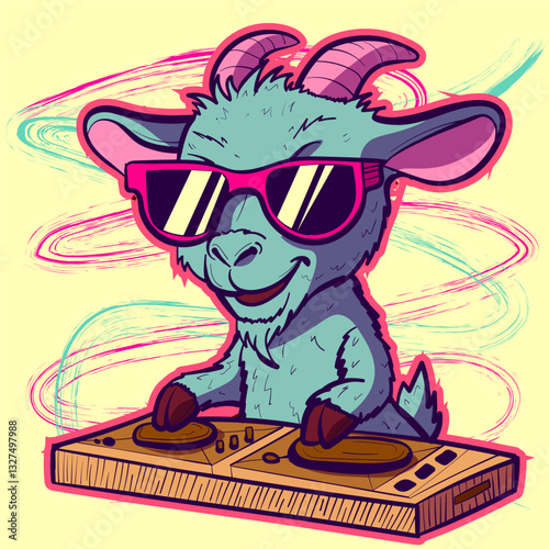 Cool DJ goat partying and mixing the disk. Farm animal working at a club as an audio engineer. 