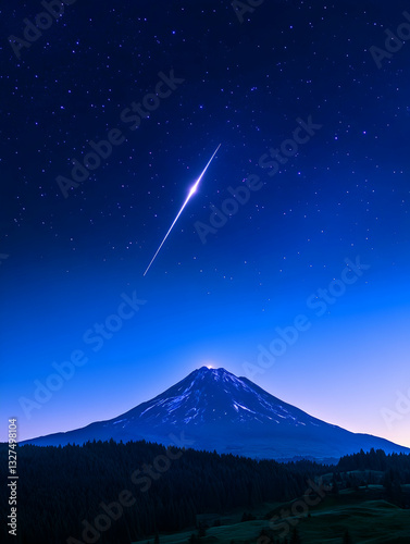 Meteor streaks across a night sky, with a snow-capped volcano in the foreground