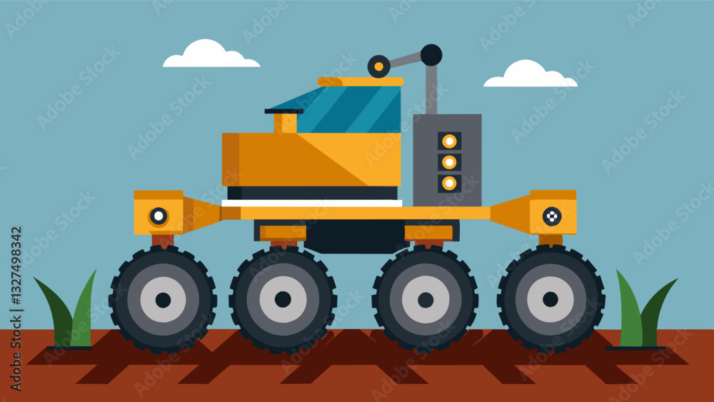 Soiltilling robots are designed with lightweight materials making them easy to transport and operate on steep or uneven terrain inaccessible to traditional tillers.. Vector illustration Soiltilling robots are designed with lightweight materials making them easy to transport and operate on steep or uneven terrain inaccessible to traditional tillers.. Vector illustration