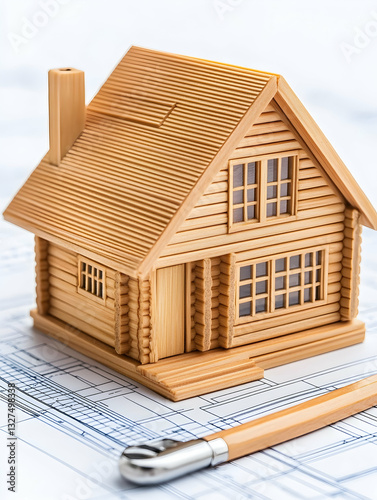 Miniature wooden house model on blueprint