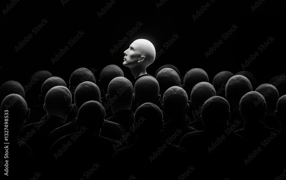 Obraz premium Futuristic monochrome crowd of mannequin-like people, a single illuminated figure breaking conformity in a cinematic dystopian atmosphere