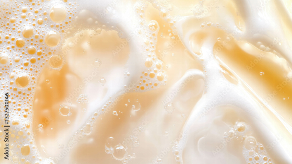 Fototapeta premium Close-up texture of light beige oil substance with bubbles and swirls for skincare design