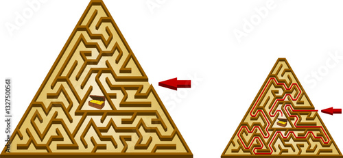Find a chest with gold inside the pyramid maze. Cartoon style isometric triangular labyrinth with solution. Medium difficulty level.