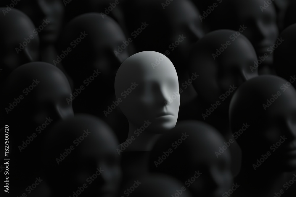 Obraz premium Artificial intelligence dystopia, motionless clones in an eerie monochrome environment, a single figure breaking free, photorealistic 3D
