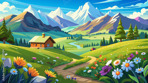 Idyllic landscape in the Alps with blooming meadows in springtime