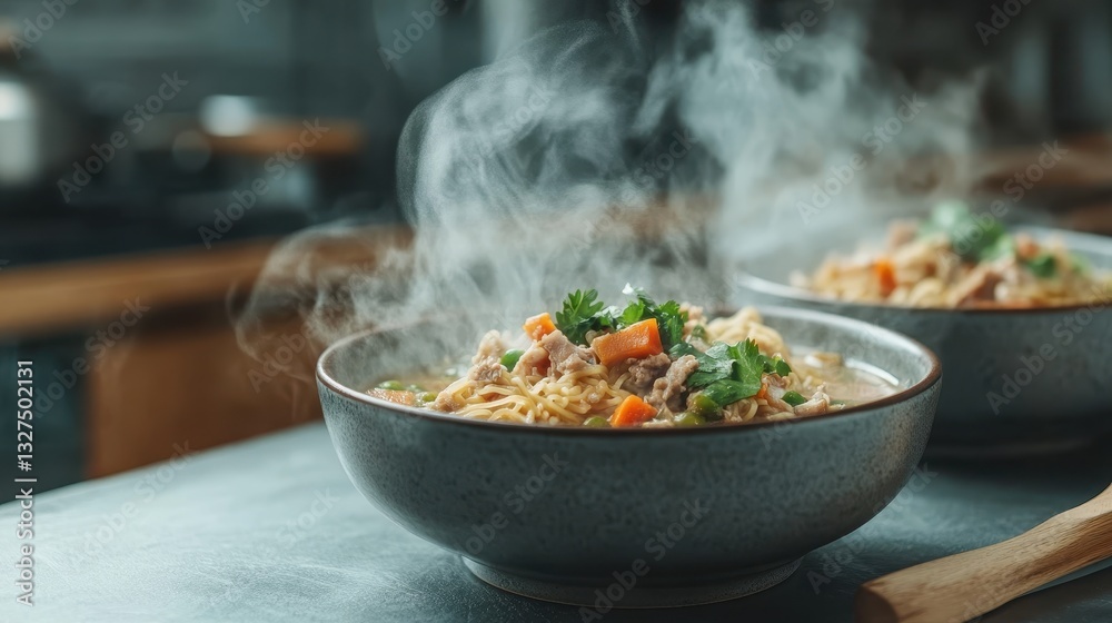 A vibrant bowl of steaming noodles adorned with fresh vegetables and tender chicken, perfect for showcasing a hearty meal that evokes warmth and comfort. A vibrant bowl of steaming noodles adorned with fresh vegetables and tender chicken, perfect for showcasing a hearty meal that evokes warmth and comfort.
