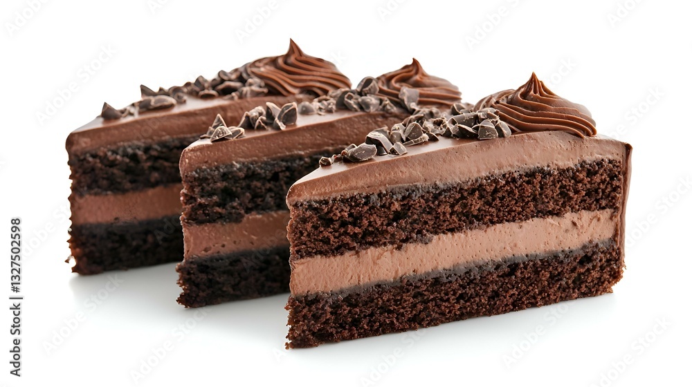 three chocolate cake slice isolated on white