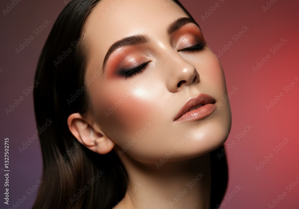 Fototapeta premium Beautiful woman with flawless makeup and glowing skin, showcasing elegance