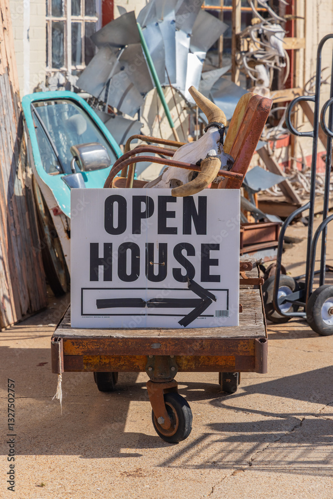 Open house sign amongst miscellaneous junk.