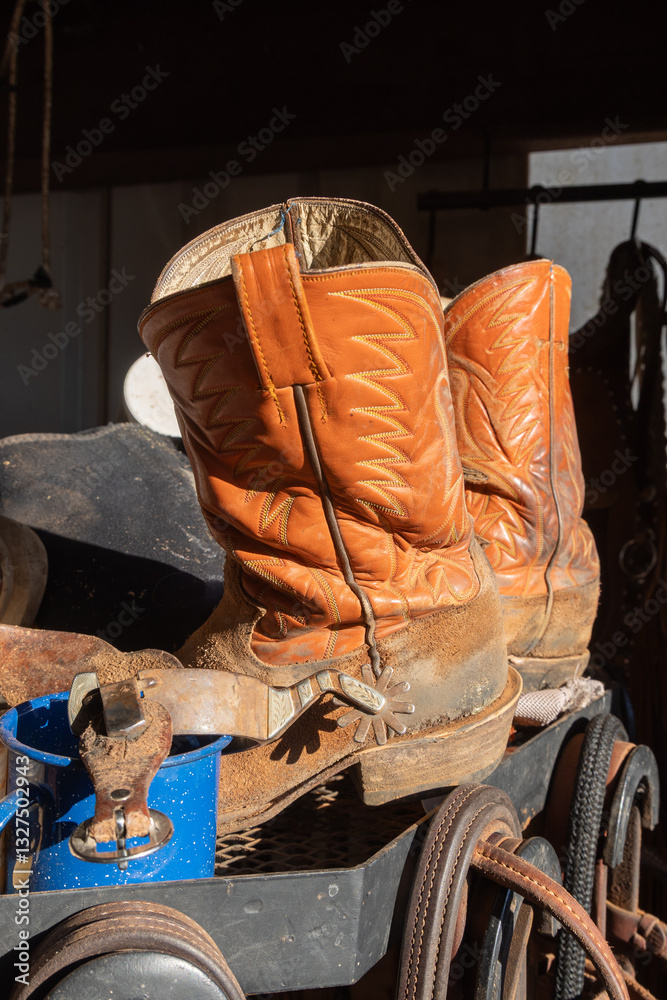 Old cowboy boots, stirrups, and straps.