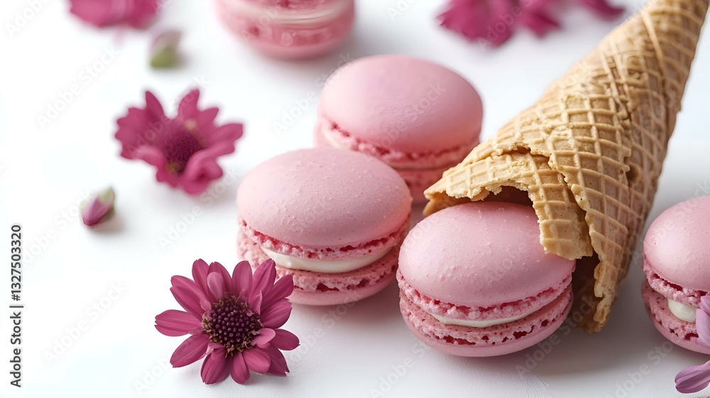 Fototapeta premium Pink macaroons in cone and flowers on white