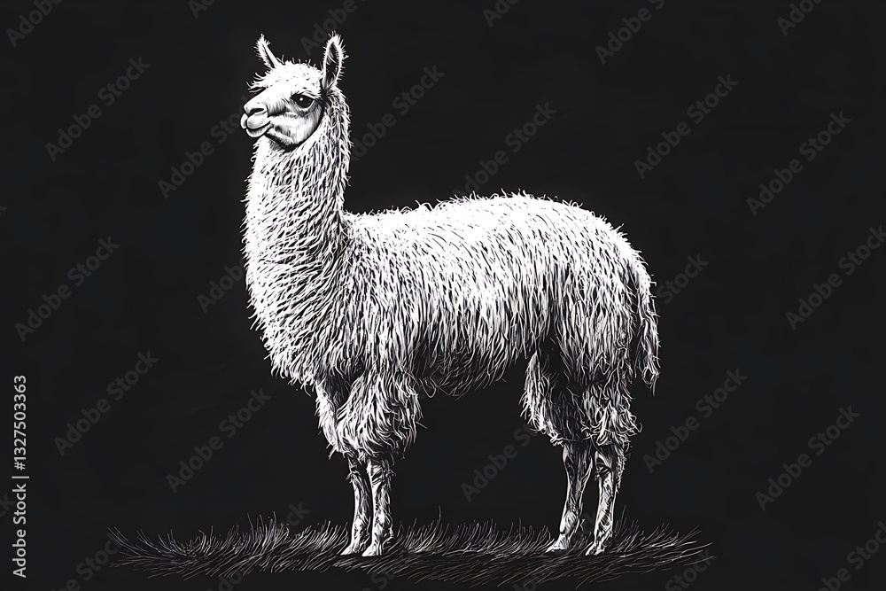 Obraz premium Furry llama tall displaying shaggy texture in classic art form sketch cutting AI-crafted vector piece scratch style echo black white frame 