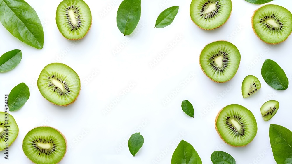 Fototapeta premium kiwi fruit with slices and green leaves isolated