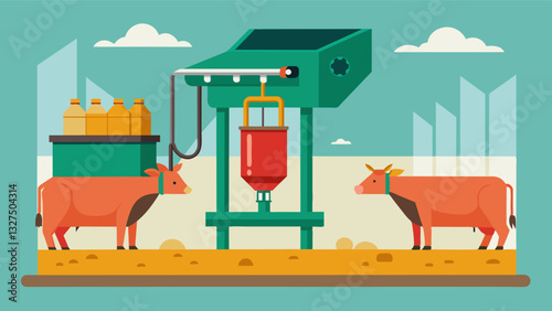 This automated cattle feeder is compatible with various types of feed giving farmers the flexibility to choose the best option for their herds needs.. Vector illustration
