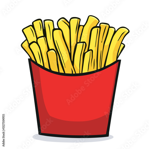 Crispy french fries in a red carton, golden and appetizing look, vector icon