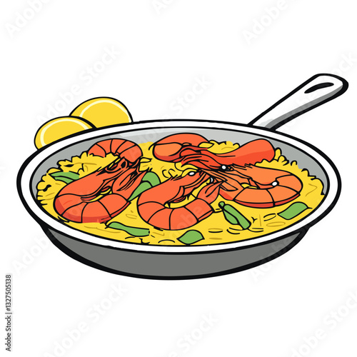 Seafood paella in a pan with shrimp and lemon in rich colors, vector illustration
