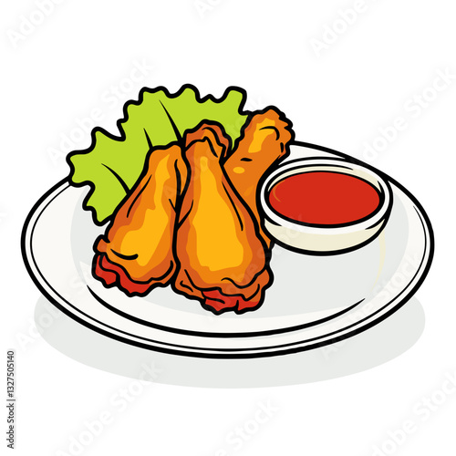 Spicy hot wings with dipping sauce on a plate in bold colors, vector illustration