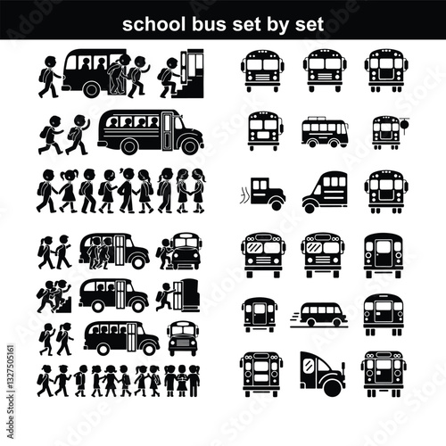 Man girl students classmates pictogram icon silhouette vector. Car Silhouettes From The Front School bus silhouette vector. School bus logo, icon vector design black and white. school bus silhouette