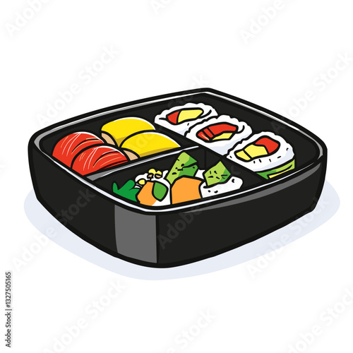 Sushi bento box with assorted nigiri and rolls in neat presentation, vector illustration
