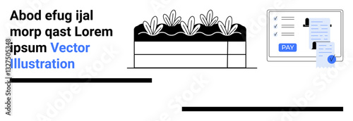 Receipt processing interface beside a box of freshly packaged plants. Ideal for e-commerce, digital payments, fintech, agriculture, logistics, automation, sustainability. Abstract line flat metaphor