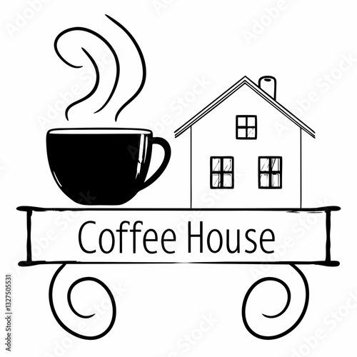 Coffee House Logo: Black and White Illustration of Steaming Coffee Cup and House, Cafe Branding, Minimalist Design