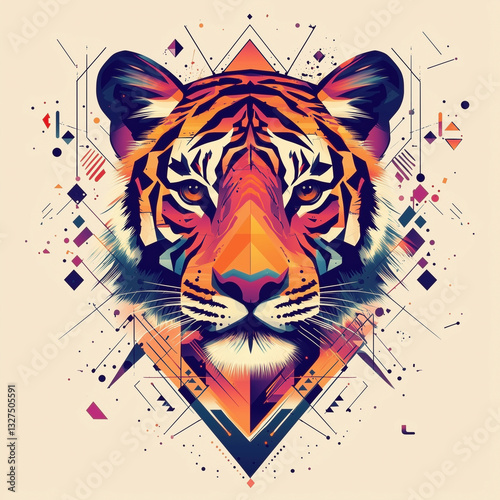 A stylized tiger head, rendered in bold geometric shapes with vibrant colors and patterns that create an abstract design in the background