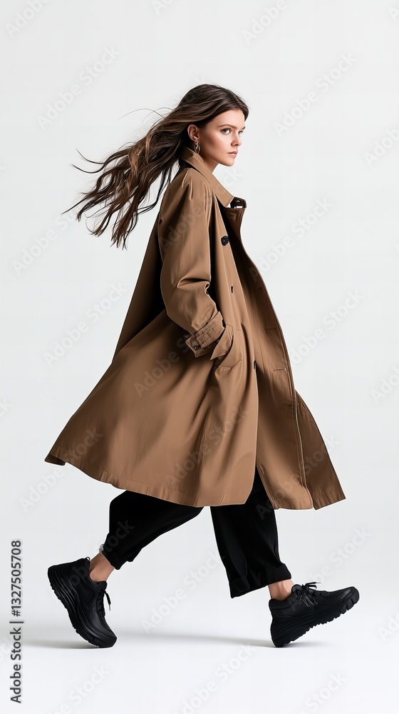 A young woman strolls in a stylish brown trench coat. The neutral backdrop enhances the coat's rich color and the model's effortless grace. A young woman strolls in a stylish brown trench coat. The neutral backdrop enhances the coat's rich color and the model's effortless grace.