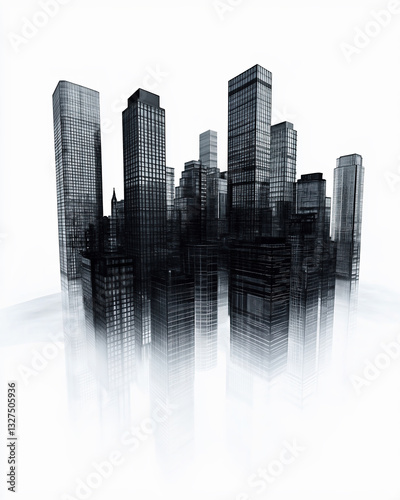 Shadow of office buildings with skyscrapers on a white background.