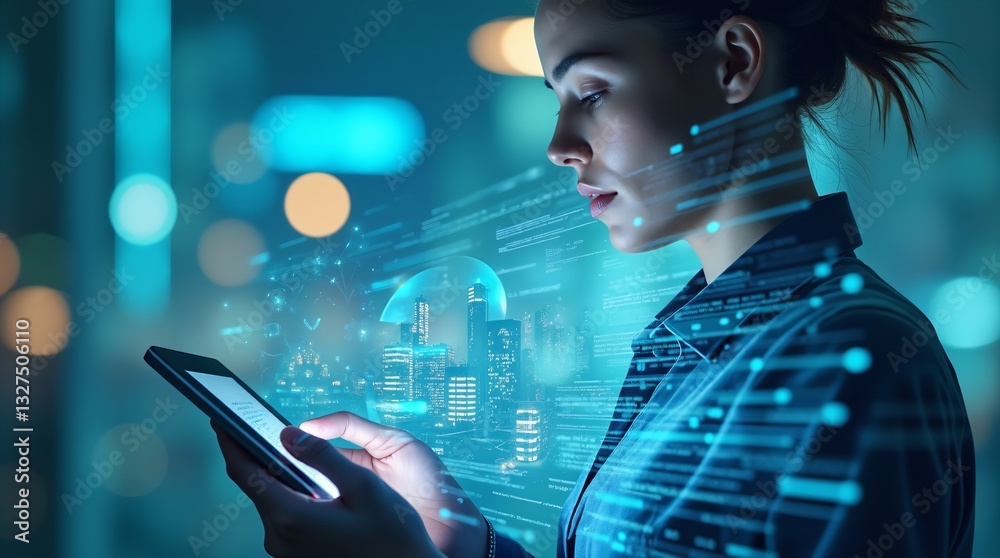 © Margarita Ratatosk - Woman using smartphone with 5G network hologram. Digital transformation and wireless technology concept. Future mobile connectivity in smart city at night