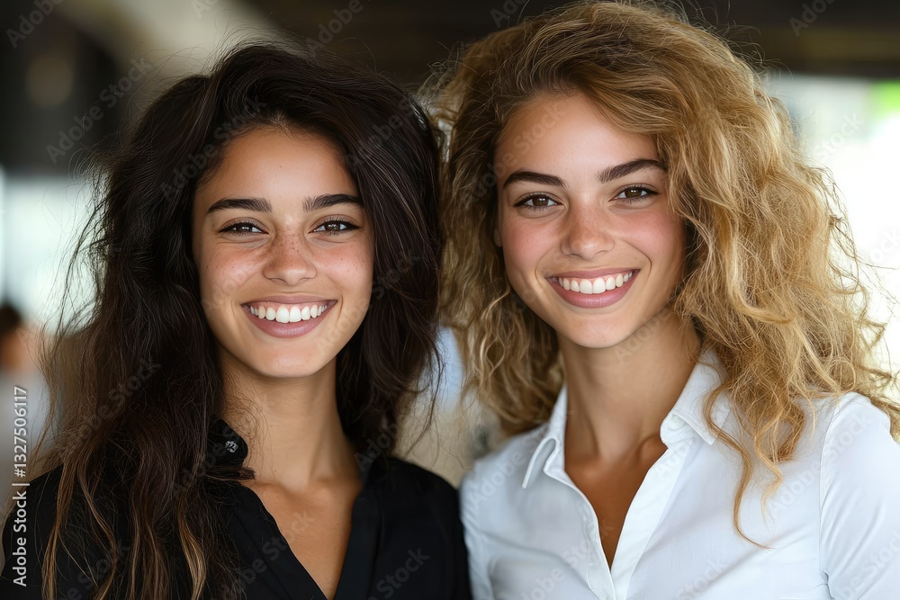 Two Smiling Women with Curly Hair in Casual Attire Two Smiling Women with Curly Hair in Casual Attire