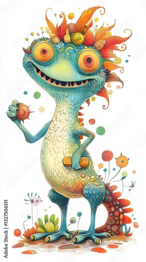 Fototapeta premium A Friendly Cartoon Lizard Smiles With Colorful Decorative Elements