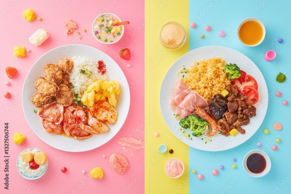 Healthy lifestyle transformation through meal choice in Saint Petersburg with vibrant contrasts between processed and organic foods Generative AI