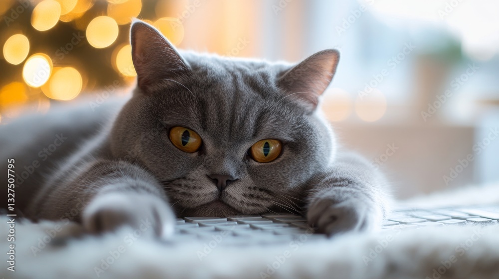 Obraz premium Grey British Shorthair Cat Relaxing on a Keyboard