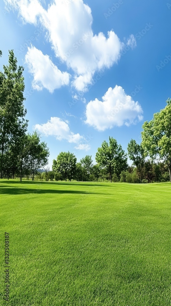 Fototapeta premium Bright green grass stretches across a tranquil field, set against a clear blue sky filled with soft white clouds on a sunny day