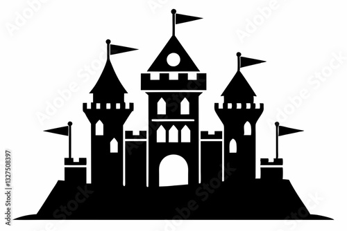 castle with tower and flags line art silhouette vector illustration