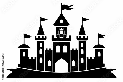 castle with tower and flags line art silhouette vector illustration