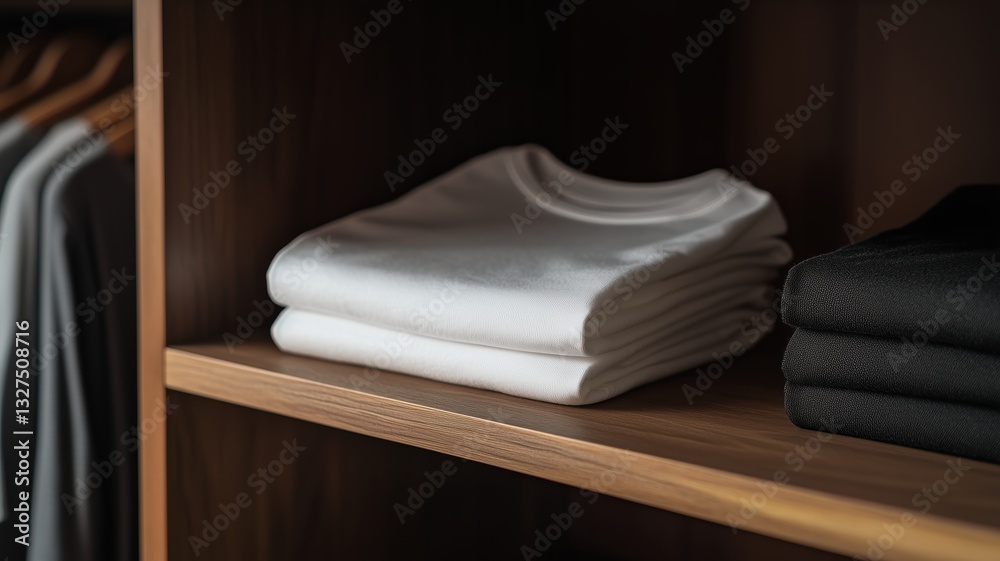A simple, folded basic t-shirt placed neatly on a wooden shelf in a wardrobe. The shirt is a plain color, with smooth fabric and no logos or designs A simple, folded basic t-shirt placed neatly on a wooden shelf in a wardrobe. The shirt is a plain color, with smooth fabric and no logos or designs