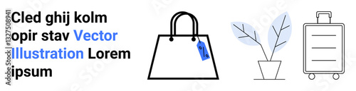 Shopping bag with a tag, decorative potted plant, and suitcase on wheels. Ideal for retail, sustainability, travel, eco-consciousness, minimalism, home decor flat landing page banner