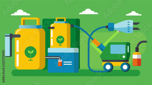 The sprayers are equipped with rechargeable batteries eliminating the need for traditional fuelpowered machinery and reducing carbon emissions.. Vector illustration