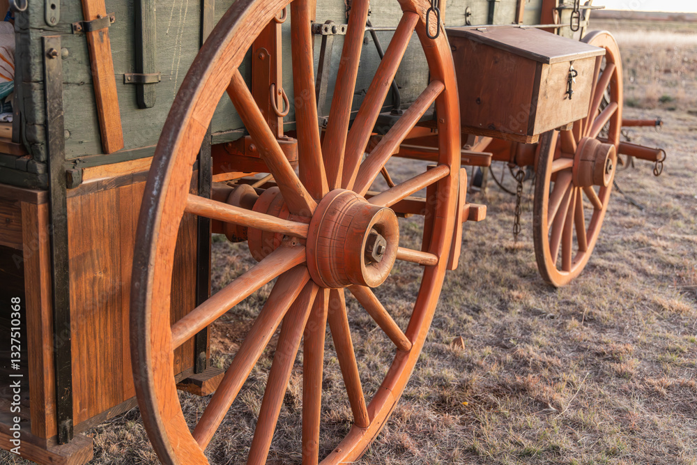 Spoked wooden wheel on an old chuck wagon. Spoked wooden wheel on an old chuck wagon.