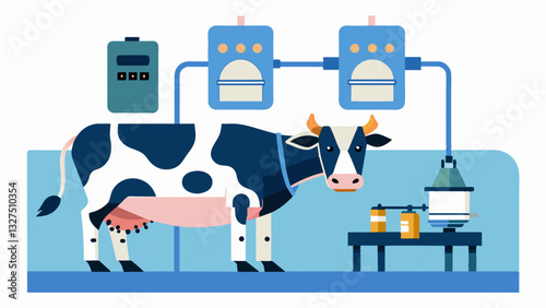 The robotic milking system is equipped with sensors to monitor the cows milk yield ensuring efficient and accurate milking sessions.. Vector illustration