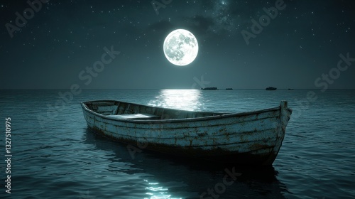 Moonlit lonely boat on placid sea