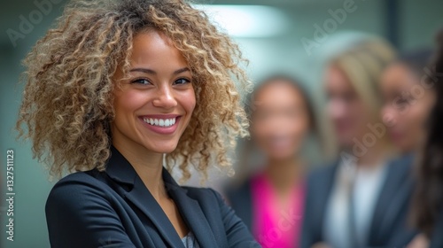 Smiling businesswoman in office with team in background