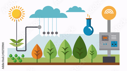 The temperature control system also takes into account factors such as humidity and air circulation to create the perfect microclimate for crops.. Vector illustration
