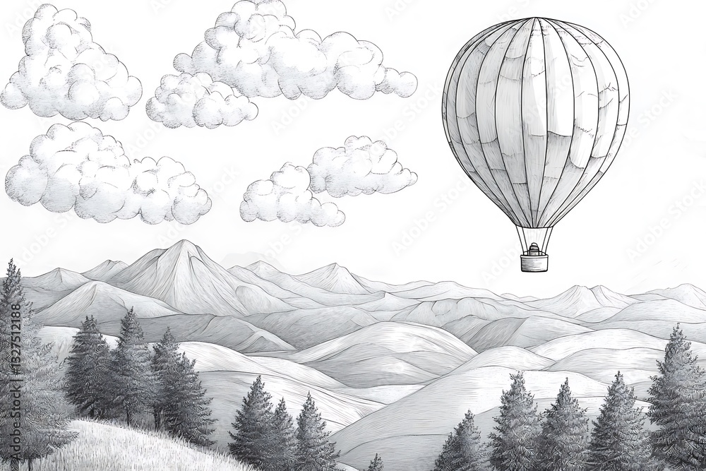 Obraz premium Float riding high over mount land with rolling knolls pines and wisps sketch cutting AI-crafted piece scratch style echo black white frame 