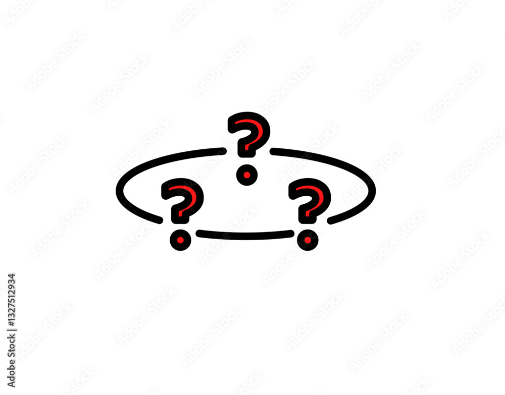 A red icon with three question marks arranged in a circle, symbolizing confusion, mystery, or a search for answers A red icon with three question marks arranged in a circle, symbolizing confusion, mystery, or a search for answers