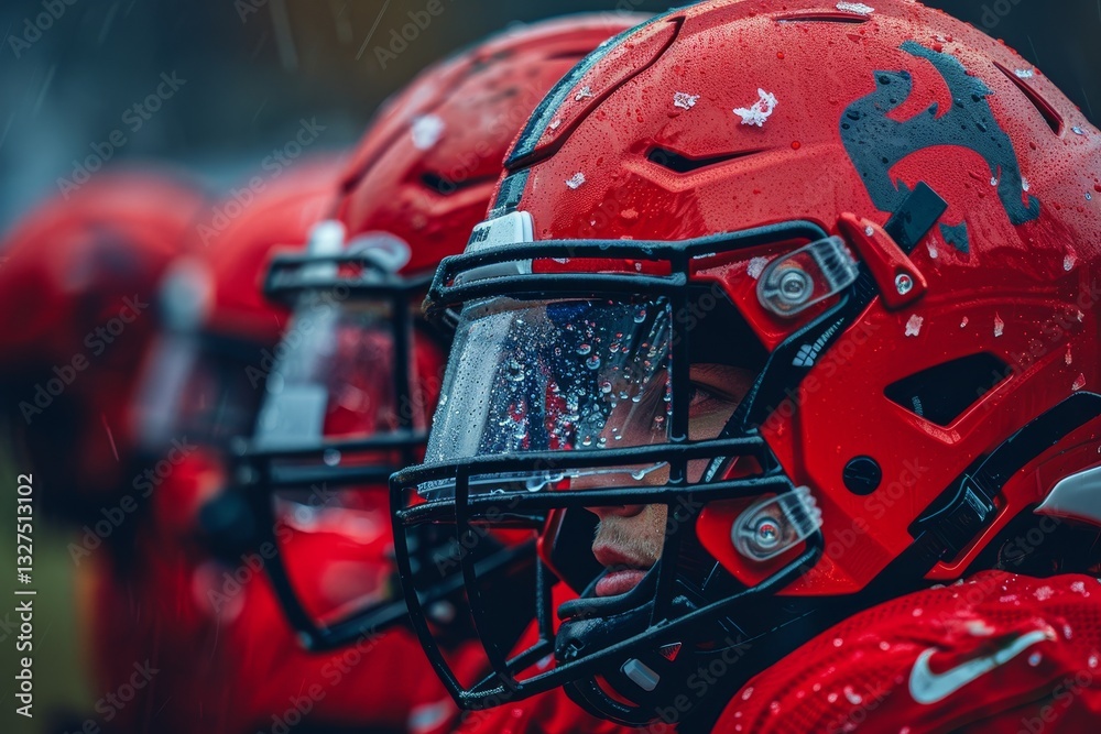 Fototapeta premium Football players stand in a line, wearing helmets, preparing for practice on a rainy day, Emphasize the importance of a football helmet in player safety