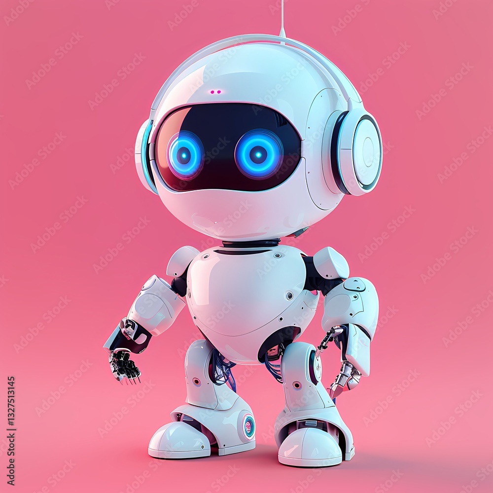 Cute white robot with blue eyes on pink background. Artificial intelligence for kids. Future technology, robotics education, and interactive learning concept for children Cute white robot with blue eyes on pink background. Artificial intelligence for kids. Future technology, robotics education, and interactive learning concept for children