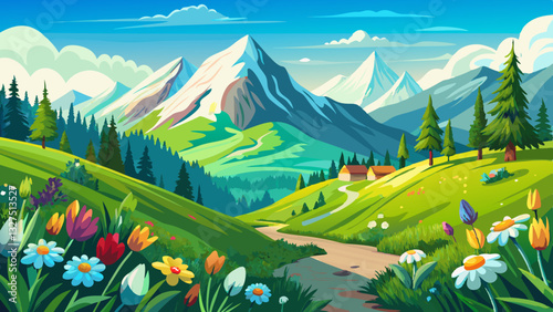 Idyllic mountain landscape in the Alps with blooming meadows in summer springtime