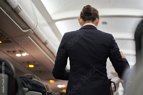 Rear view of a flight attendant in a black uniform on a plane with passengers. Hot drinks are served on board the aircraft. High quality photo